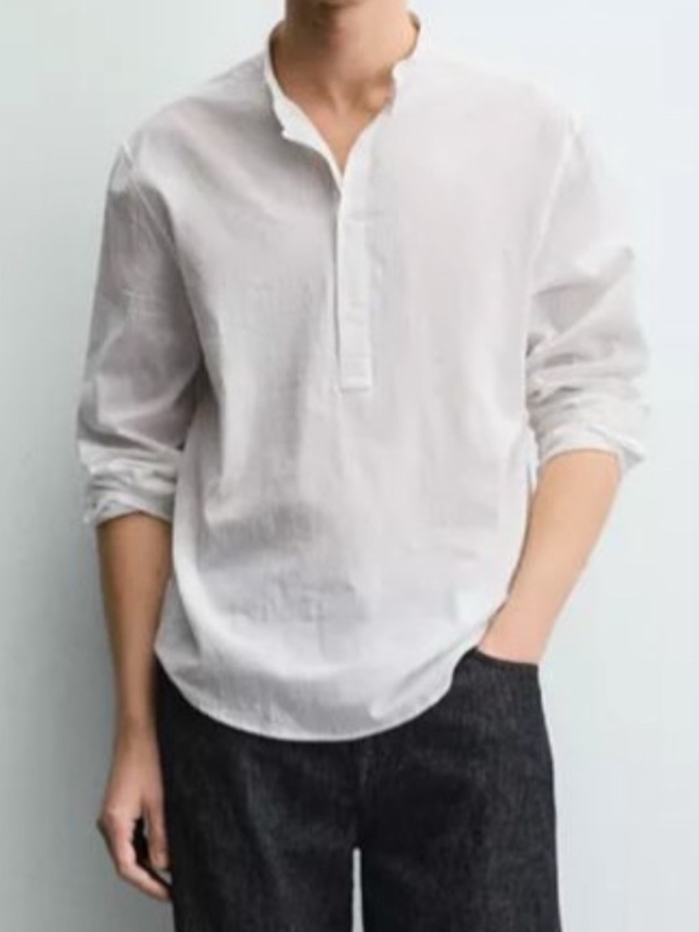 Zara White Grandad-Collar Casual Button-Down Shirt